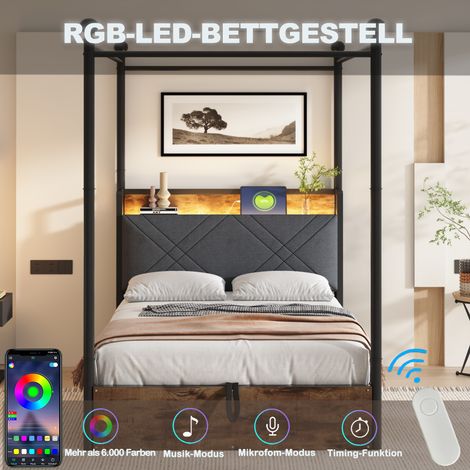 Lit simple en fer 90x190 cm pour adolescent, avec baldaquin en fer forgé, tiroirs de rangement, montants amovibles dotés de LED et ports USB/Type-C, lit multifonctionnel à 2 tiroirs
