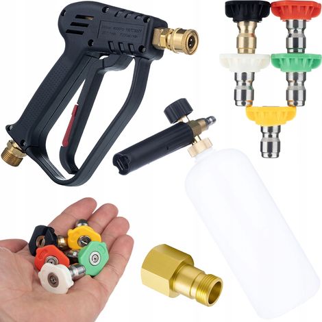 Pistola per Idropulitrice con Set di 5 Ugelli + Adattatore EasyLock M22 + Schiumogeno 1L – Compatibile con Kärcher HD/HDS, Max 300 Bar