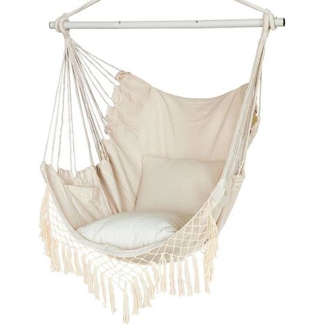 BelleRise - Fauteuil hamac suspendu, balançoire en corde avec 2 coussins, poche latérale en macramé et barre métallique haute résistance. (1/5)