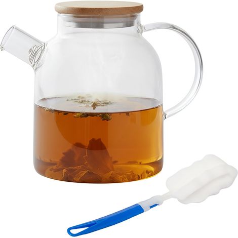 Relaxdays Teekanne Glas, Bambusdeckel, 1,8 Liter, mit Ausgusssieb, Glaskanne für losen Tee & Kaltgetränke, transparent (1/5)