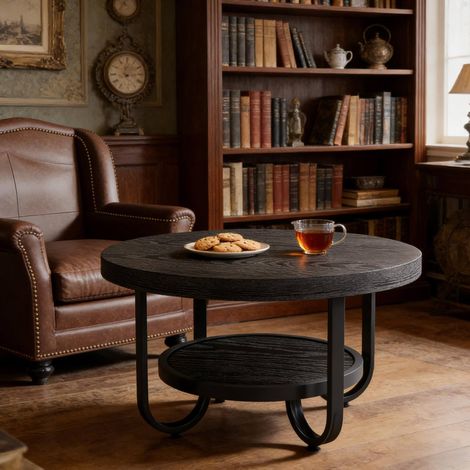 Table basse ronde 79 cm noire en MDF et métal avec double plateau (1/5)