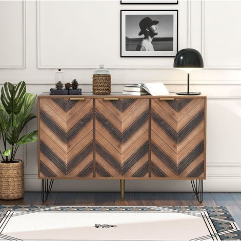 Sideboard en panneaux de particules coloris naturel et noir, 120 x 38 x 76,5 cm, 3 portes, poignées dorées (1/5)