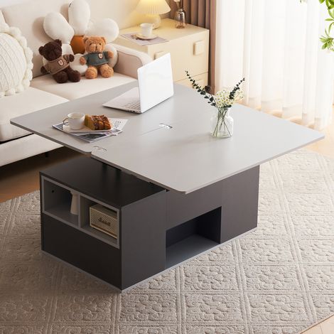 Tavolino rialzabile 100x51x47 cm in legno con 2 cassetti, ripiani e vano portaoggetti, grigio (1/5)