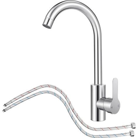 Küchenarmatur mit flexiblem Schlauch G3/8 x M10, Edelstahl-Küchenarmatur mit 360° schwenkbarem Auslauf, Einhebelmischer, hoher Wasserauslauf, gebogener Küchenarmatur (1/5)