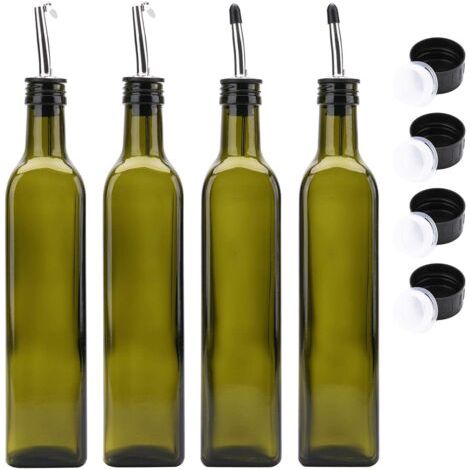 Kingrol Set of 4 x 500ml Bottles. Glass bottles for olive oil and vinegar with stainless steel spouts, dark green.