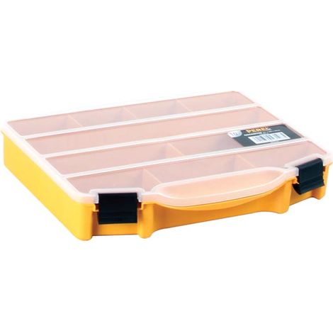 Perel Caja de surtido de plástico con 10 compartimentos fijos, tapa transparente, diseño apilable, para tornillos, tuercas, clavos y piezas pequeñas, taller, garaje y bricolaje