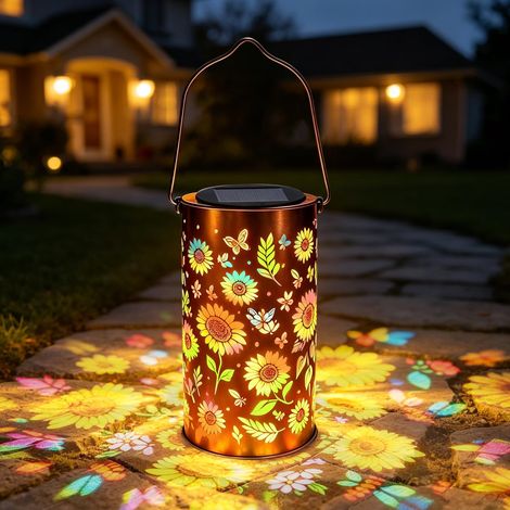 Lanterne Solaire Tournesol Extérieur Imperméable, IP65, Suspendue ou Posée, Lampe Solaire Métal avec Silhouettes de Tournesols, Cadeau Fête des Mères pour Femmes et Mamans (1/5)