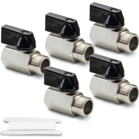 Mini-robinet à bille en laiton nickelé 1/4" BSP femelle x mâle, intérieur et extérieur (2 points), 5 pièces