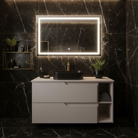 Meuble de salle de bain suspendu 80 cm, beige, plan de toilette, 2 tiroirs et étagère latérale, sans vasque – MODERN (1/5)