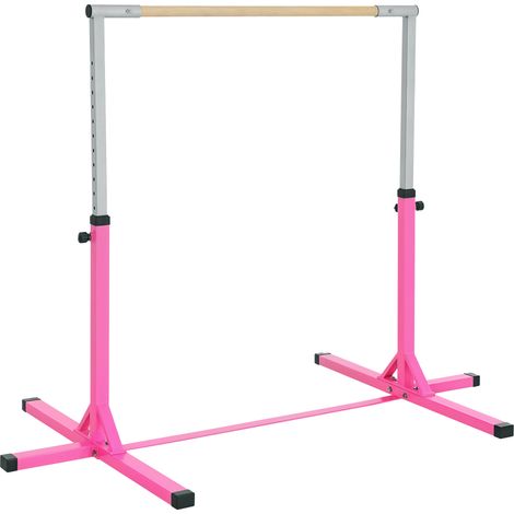 Barre gymnastique enfant 13 hauteurs 92-150 cm, acier et hêtre, rose, antidérapante, facile à monter, accessoire sportif maison
