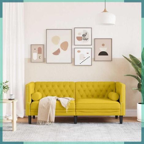 372689 Canapé Chesterfield avec traversins 2 places jaune velours (1/5)