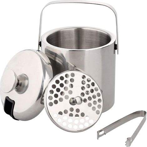 Seau à glace robuste en acier inoxydable pour bar à cocktails avec couvercle à joint filtrant et clip, mini portable (1,3 L) (1/5)