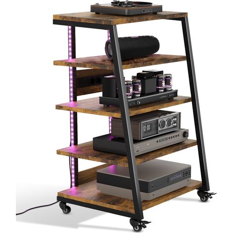 5 Niveaux Meuble HiFi MDF Étagères réglables Multiprise Certifiée EMC Intégrée 2 Rubans LED RGB commande App Meuble Vinyle en Bois avec 4 Roulettes Verrouillables Charge 140kg pour Salon Bureau 60x52x (1/5)