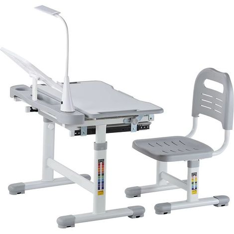 Adjustable children's desk with chair – Tiltable top 0–40° – Lamp included – For bedroom and study – Grey (1/5)