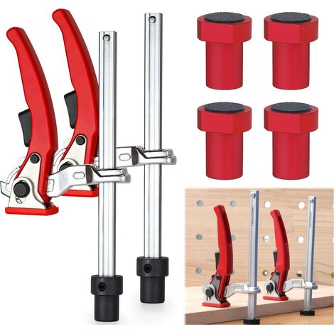 Lot de 6 supports bas : 2 colliers de serrage de 20 mm et 4 crochets d'établi en acier au chrome vanadium, pince à serrage rapide 160 x 60 mm pour le travail du bois, table MFT et établi (rouge (1/5)
