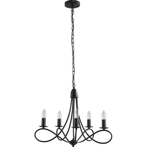 Plafonnier Rustique en Acier Tressé Noir, 5 Portes-Bougies Pliables et Ajustables, Diamètre 58 cm x 45 cm