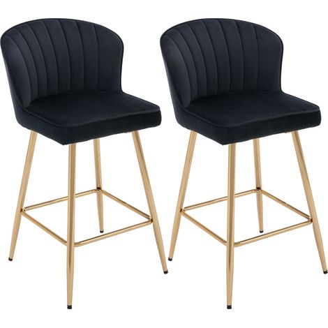 Bar Stools Set of 2 in Velvet Modern Counter Chairs with Shell Designed Backrest for Home Bar Restaurant, Black, Wahson