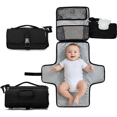 Matelas à langer pour les déplacements, lavable et imperméable, avec poche pour lingettes humides amovible, compartiment principal et 2 poches en filet, sac à langer pliable pour les voyages (1/5)