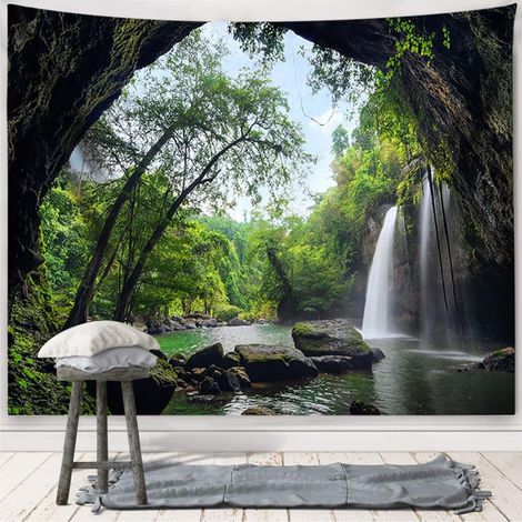 CCYKXA Nature Landscape Wall Hanging, 3D Tapestry Forest Hole Waterfall Tapestry Panoramic Mountain Tree Wall Hanging Nature Lake Green Microfiber 150X130Cm (1/5)