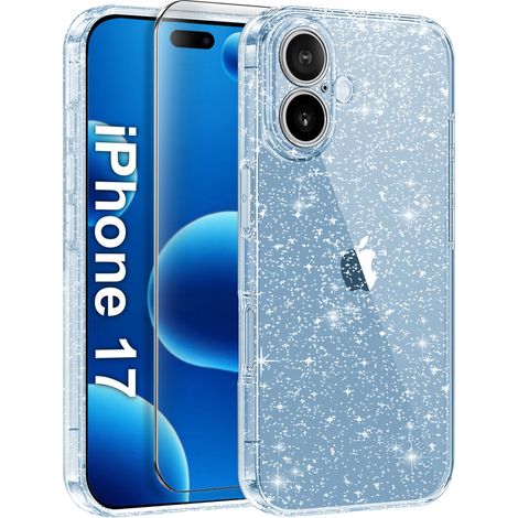 Funda para iPhone 17, transparente con purpurina, 2 mm + cristal 9H. (1/5)