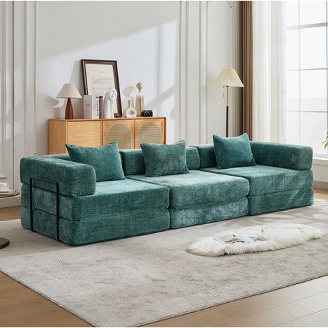 Divano letto pieghevole modulare, trasformabile in letto, senza assemblaggio, tessuto chenille verde scuro (1/5)