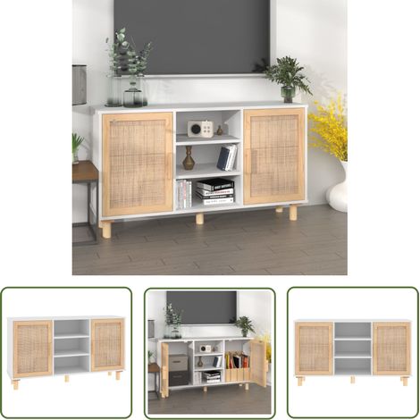 The Living Store Buffet Blanc 105x30x60 cm Bois de pin massif et rotin naturel - Buffet Blanc - Meuble Rangement - Commode - Meuble Salon - Décoration Intérieure (1/5)