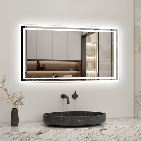 Miroir de salle de bain led tactile, 100cm x 60cm rectangulaire illumination LED intégrée avec fonction anti-buée Horizontal/Vertical Blanc froid