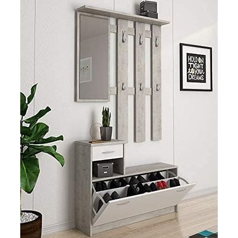 Mobile Ingresso con Specchio e Scarpiera 100x25x180 cm Bianco Cemento