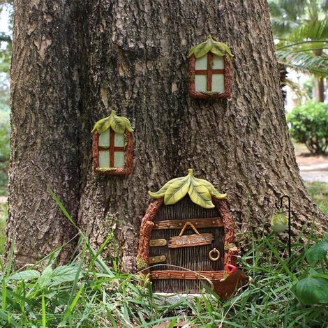 Ensemble de portes naines - Décoration de jardin - Décoration d'arbre - Ensemble de 4 pièces - Portes et fenêtres féeriques avec lanternes - Décoration d'arbre de jardin (1/4)
