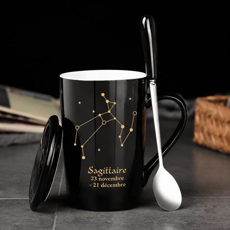 Mug en céramique Sagittaire noir avec couvercle, cuillère et boîte cadeau noir réf 7681 12 × 13 × 14 cm 500 g – Livraison gratuite