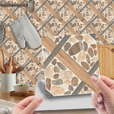 Carrelage mural autocollant en PVC (20 feuilles), 10 x 10 cm, style rustique, pour crédence de cuisine, salle de bain, cheminée, chambre, mosaïque vintage.