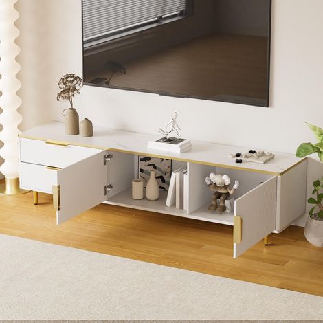 Meuble TV, plateau bas à texture sculptée, poignées et pieds dorés, meuble de salon avec structure en marbre