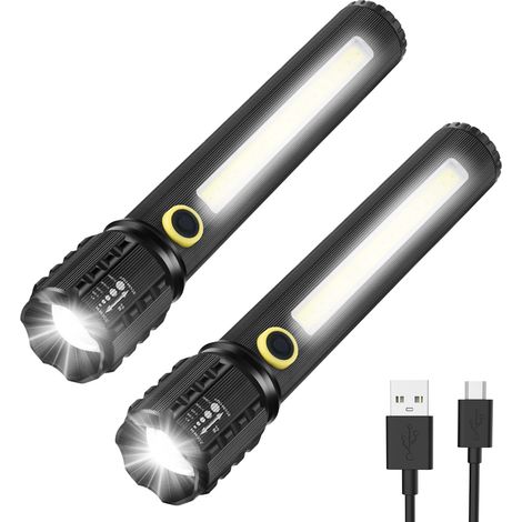 Lampe de poche LED, lot de 2 lampes de poche,lampes de poche lumineuses réglables et zoomables, lampe de poche LED rechargeable d'urgence, 16cm