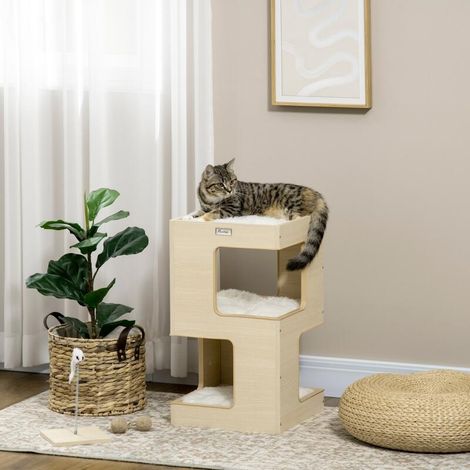 Cage à chat en forme de tonneau, 2 niveaux, jouets inclus, 34 cm x 34 cm x 60 cm, naturel et gris clair (1/5)