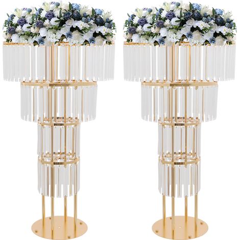 Lot de 2 supports à fleurs en métal à 4 niveaux, présentoir décoratif doré avec pendentifs cristal, centres de table de mariage, pour banquet, fête, événement et réception (90 cm hauteur, base rond) (1/5)