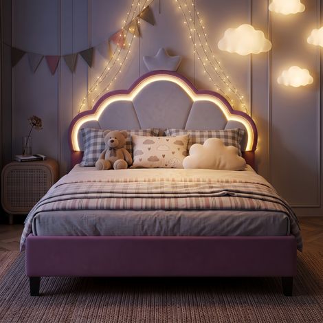Lit double 140x190 cm, Lit princesse, sommier à lattes, tête de lit nuage avec éclairage LED, Scandinave - Lit fille rose