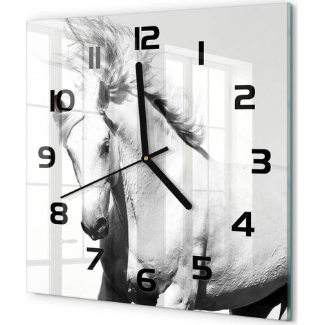 Horloge Murale Carrée Décoration Murale Verre Trempé Design Artistique Cheval blanc 30x30 cm (1/5)