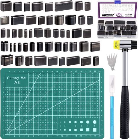 Lot de 55 outils de découpe creux et tampon de coupe avec couteau artisanal et marteau, ensemble de perforateurs creux pour le cuir, outils de coupe faits à la main avec étui (1/5)
