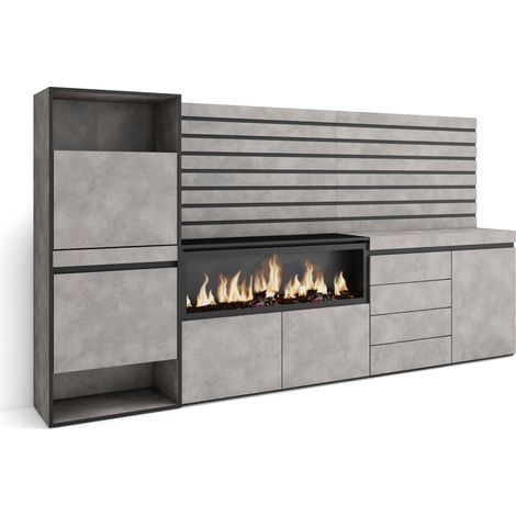 Skraut Home - Zapatero, Armario zapatos botas, 274x145x35 cm, Dormitorio, habitación, Chimenea eléctrica XXL, Cómoda, Cajonera, Listones Decorativos, Estilo Moderno, Gris Cemento (1/5)