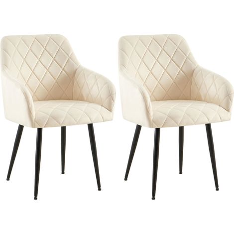 Lot de 2 chaises de salle à manger en velours crème avec coutures décoratives en losange pieds noir chic et contemporain 100007651