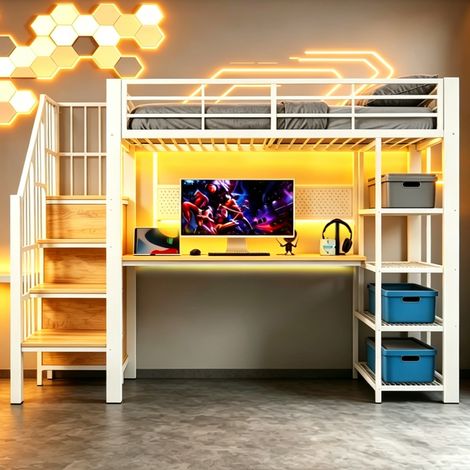 Hochbett 90 x 200 cm mit Schreibtisch, Regal, Stauraumtreppe und weißer LED HAVRYA (1/5)