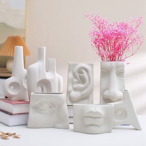 Vase en céramique à motif visage humain, vase minimaliste décoratif pour compositions florales hydroponiques (1/5)
