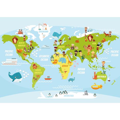 Tableau carte du monde pour chambre bébé | Tableau enfant multicolore continents du monde | Tableau sur toile bleu chambre garçon 0,7 x 0,5 m (1/2)