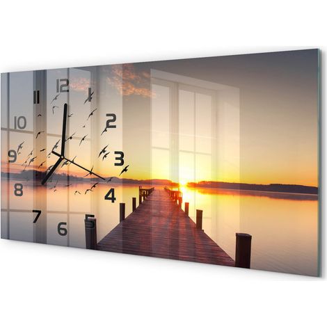 Horloge Murale Panoramique Moderne 60x30 cm Verre Trempé Sans Tic-Tac Coucher du soleil (1/5)