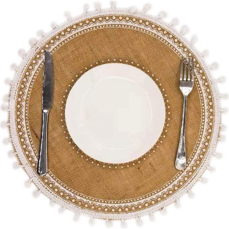 Sets de table, sets de table ronds beiges tissés modernes pour dîner d'hiver et d'automne, chemin de table bohème, sets de table ronds pour cuisine, ensemble de 4 pièces (boules blanches) (1/3)