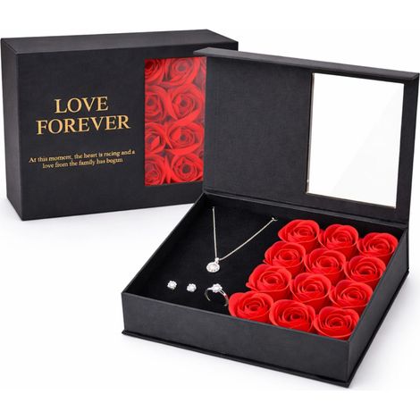 Scatola Regalo Porta Gioielli con 12 Rose Rosse Artificiali - 18x13x4,5 cm - Idea Elegante per San Valentino, Anniversari e Matrimoni (1/5)