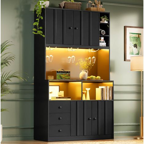 Armadio da Cucina con Vetrina, Ripiano Regolabile, LED RGB, Prese USB e AC, per Cucina e Sala da Pranzo, 100 × 40 × 180 cm, MDF, Nero (1/5)