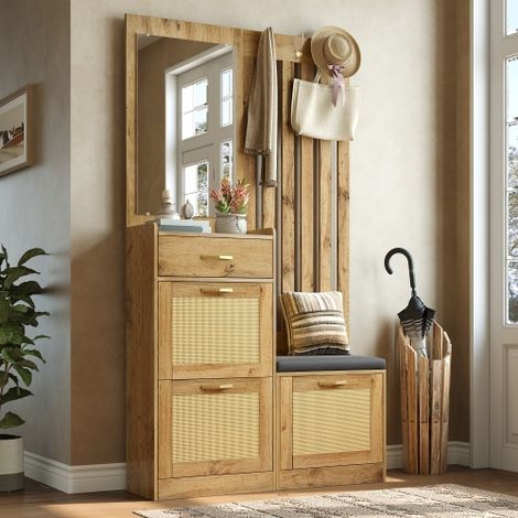 Modernluxe - Ensemble vestiaire d'entrée avec miroir et banc - Avec 1 tiroir et 3 étagères à chaussures - Crochets - MDF - Naturel (1/5)