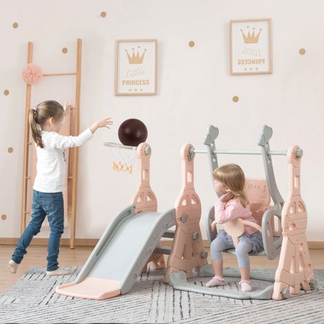 JOOKGBD–Scivolo per Bambini 4 in 1 con Canestro da Basket, Altalena, Scala di Arrampicata, Scivolo Autoportante per Interni ed Esterni, da 1 a 6 Anni, Rosa (1/5)