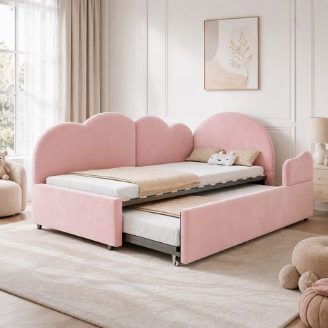 Lit enfant 90 x 200 cm avec lit gigogne en L, tête de lit nuage, velours rose DESVIAE (1/5)